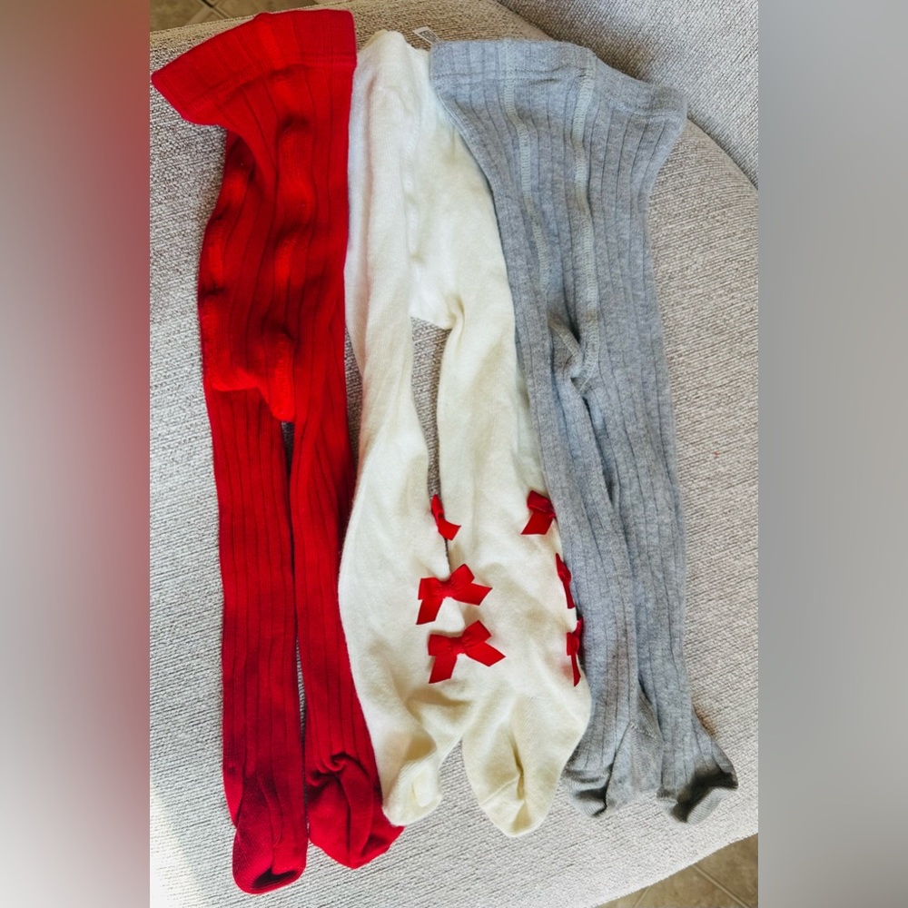 Red, Cream, and Gray winter tights with Bows